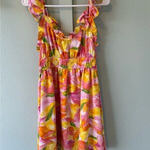 Blu Pepper Pink, Yellow & Green Floral Ruffle Strap Dress